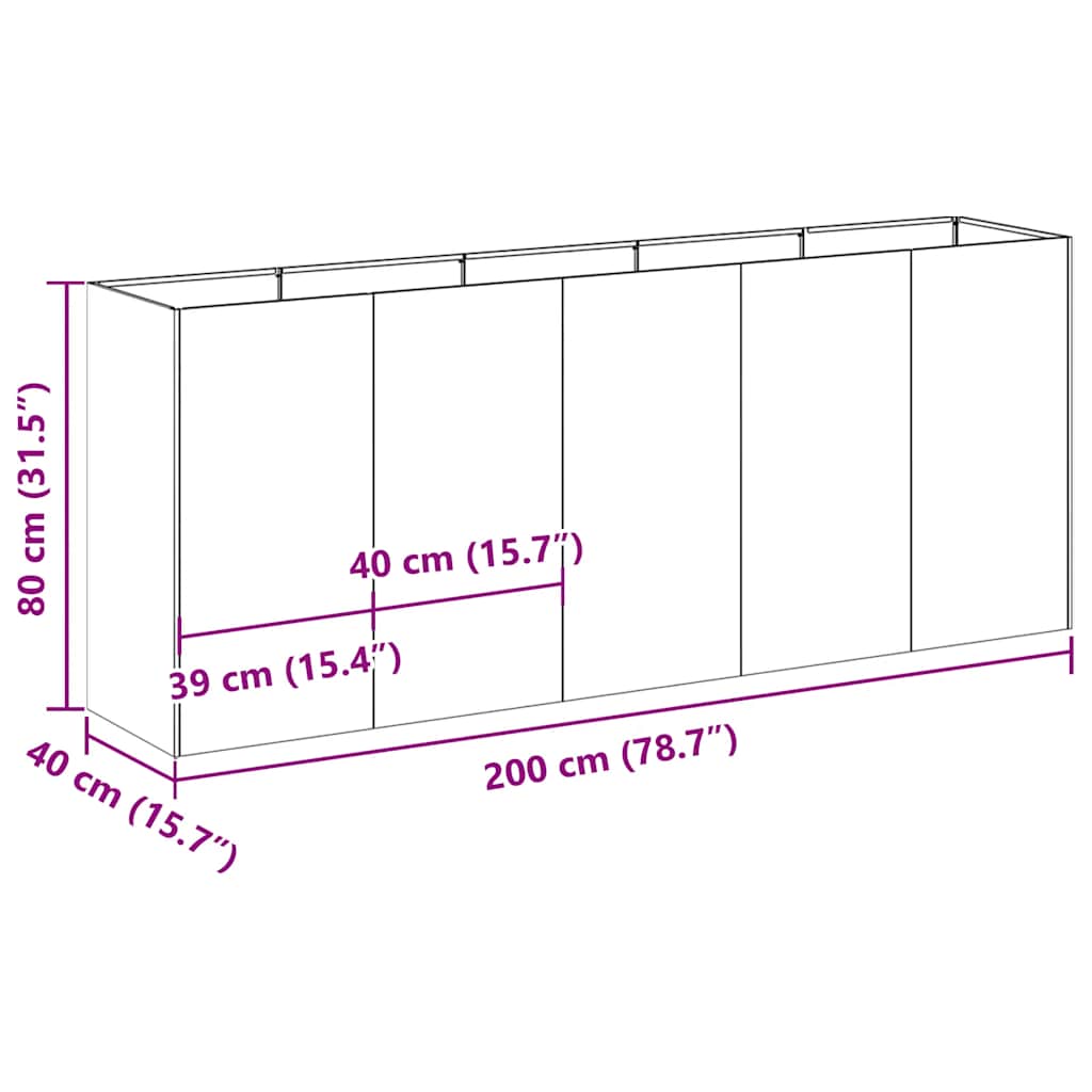 Vaso/floreira 200x40x80 cm aço laminado a frio antracite