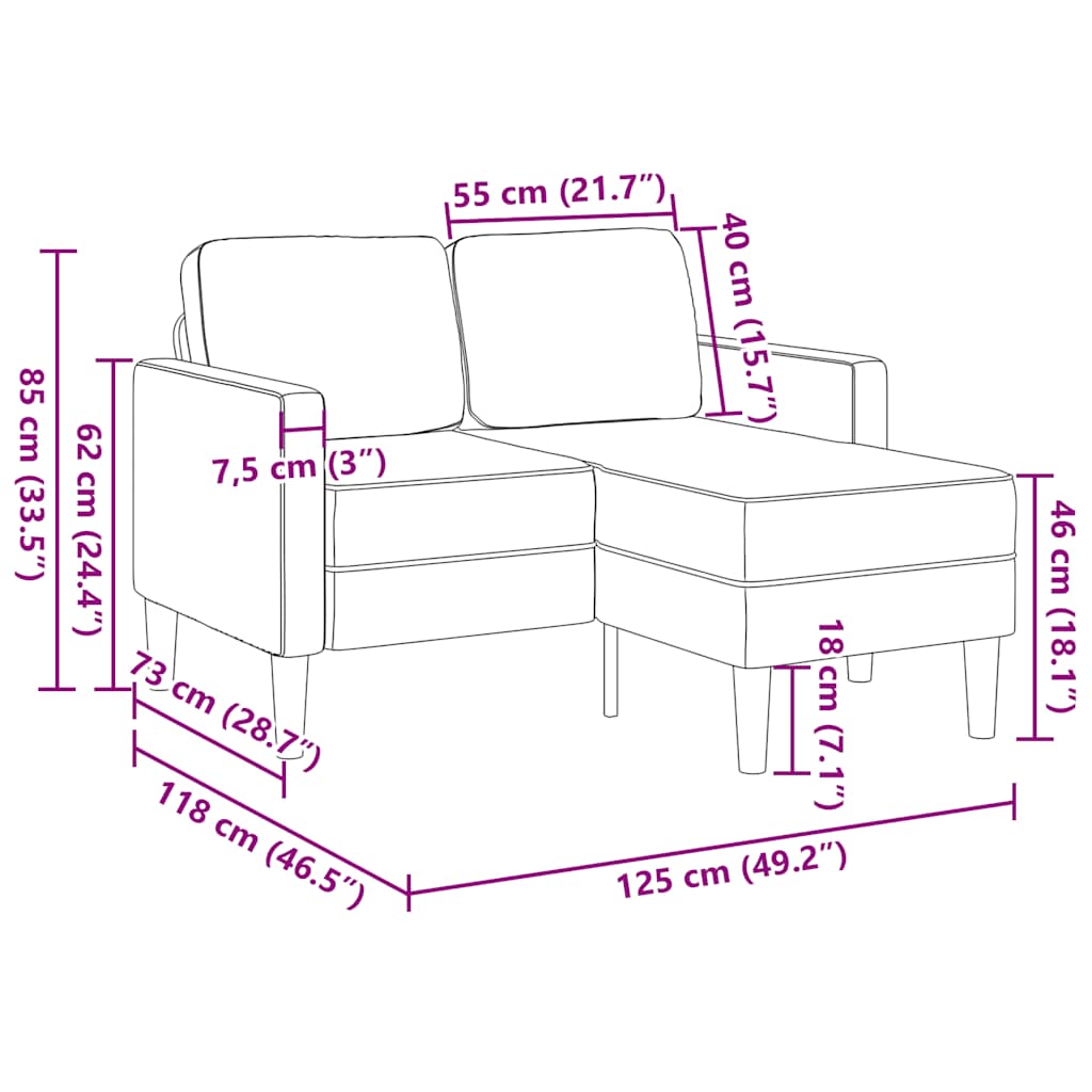 Sofá 2 lugares c/ Chaise em L 125cm tecido cinzento-acastanhado