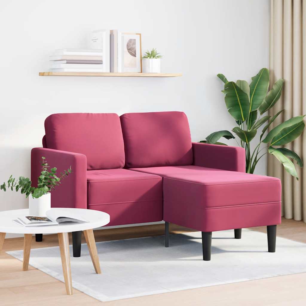 Sofá 2 lugares com Chaise em L 125 cm veludo vermelho tinto