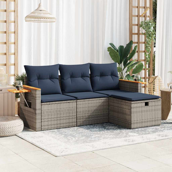 4 pcs conjunto sofás de jardim c/ almofadões vime PE cinzento