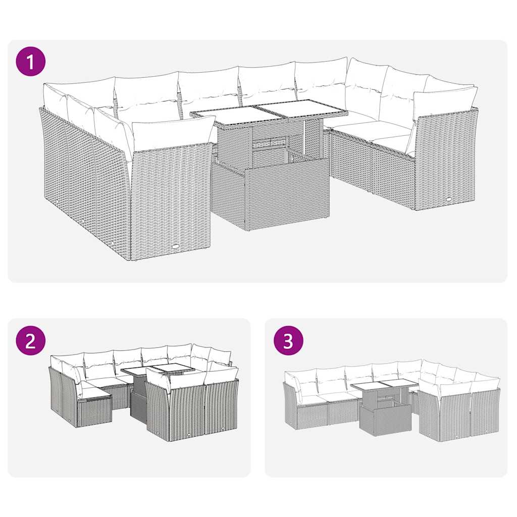 10 pcs conj. sofás jardim c/ almofadões vime PE/acácia castanho