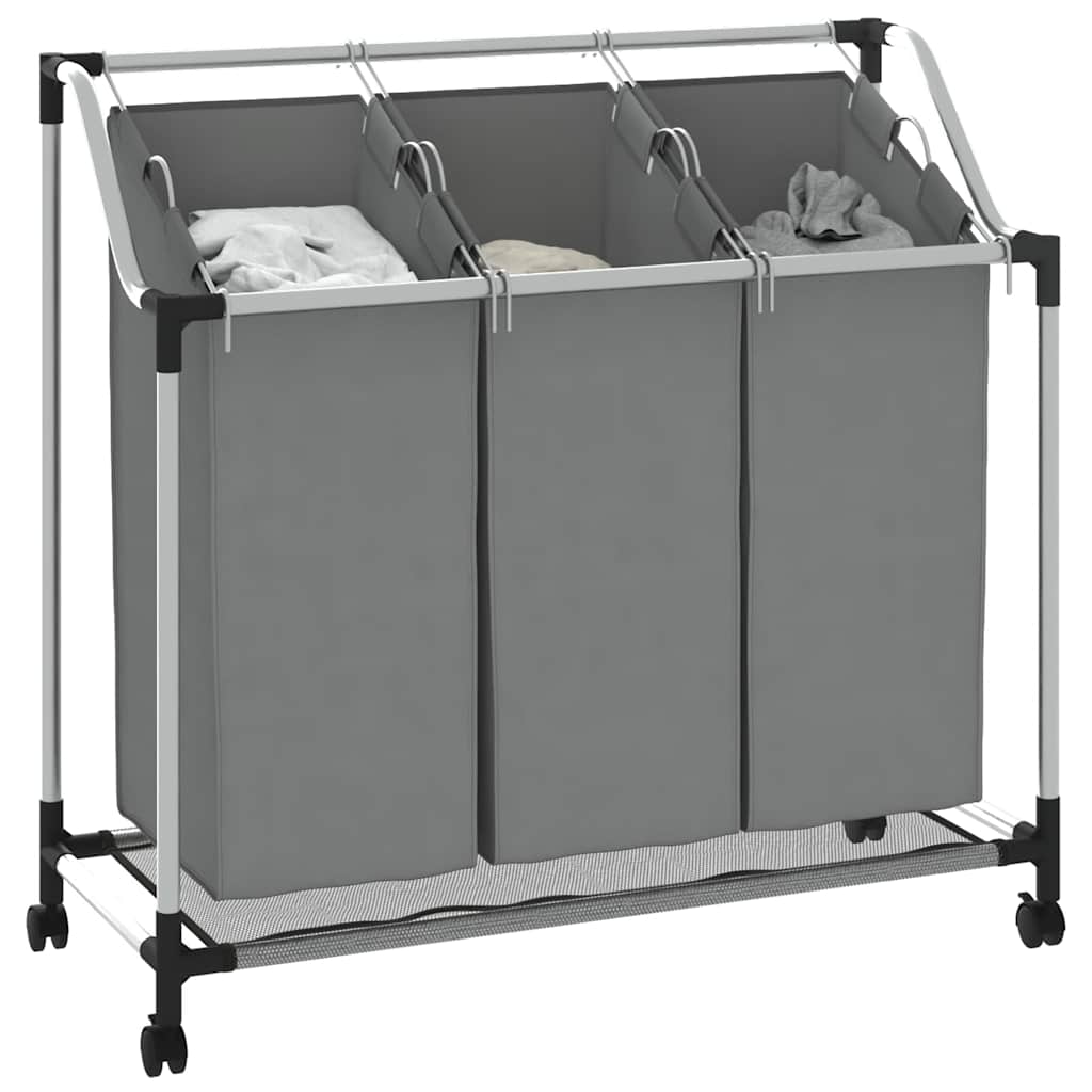 Cesto para roupa suja com rodas 3 compartimentos cinzento