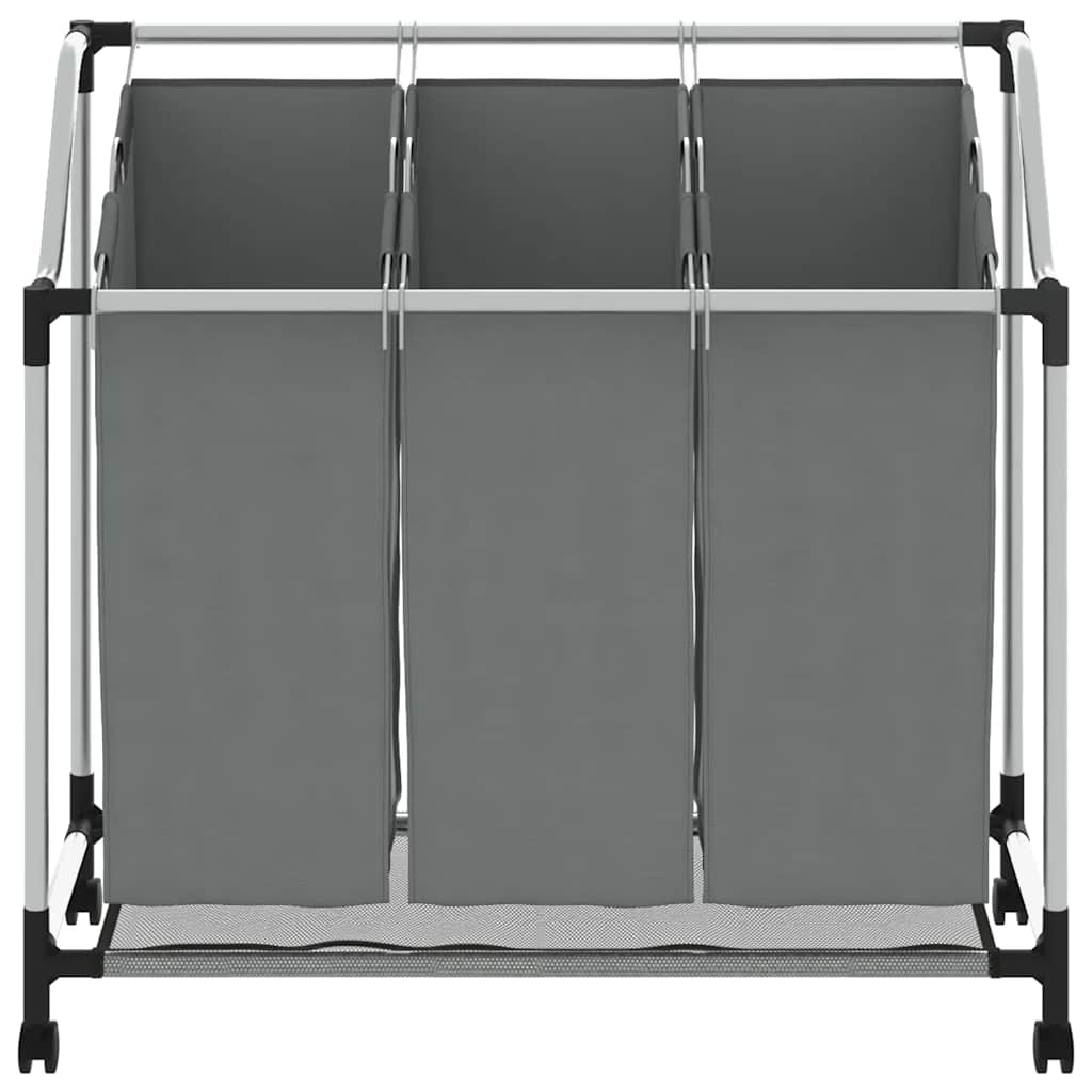 Cesto para roupa suja com rodas 3 compartimentos cinzento