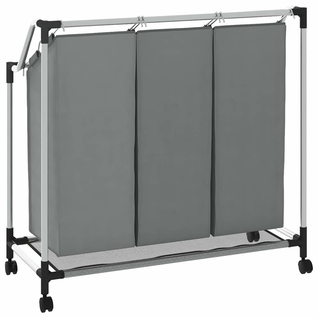 Cesto para roupa suja com rodas 3 compartimentos cinzento