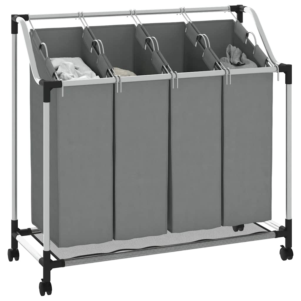 Cesto para roupa suja com rodas 4 compartimentos cinzento