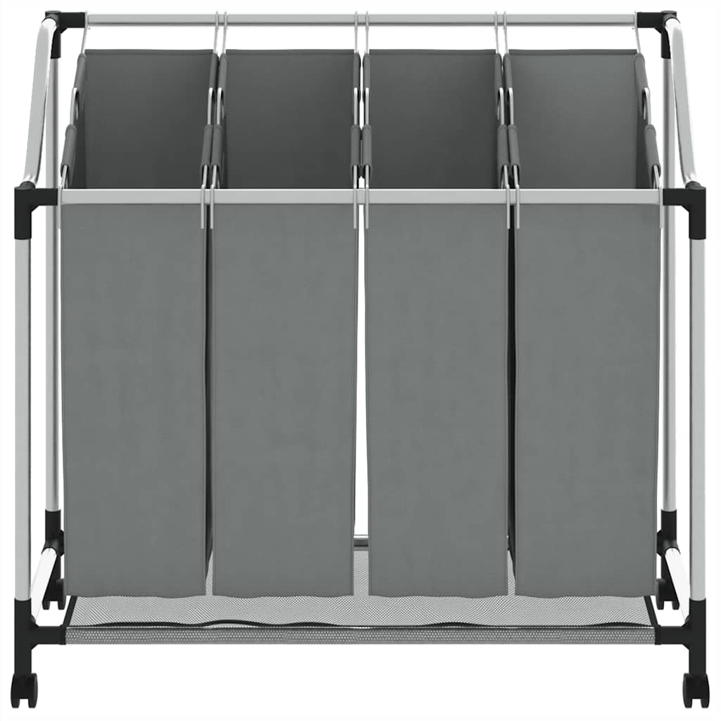 Cesto para roupa suja com rodas 4 compartimentos cinzento