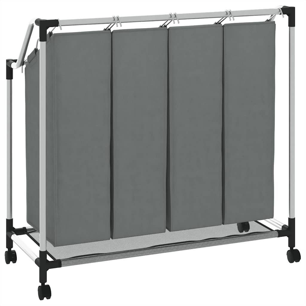 Cesto para roupa suja com rodas 4 compartimentos cinzento