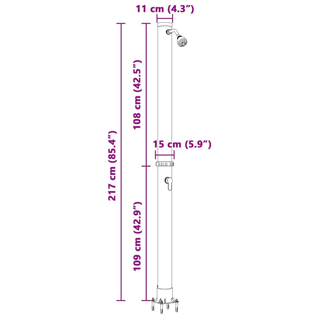 Chuveiro Solar para Exterior Preto 217 cm PVC, alumínio