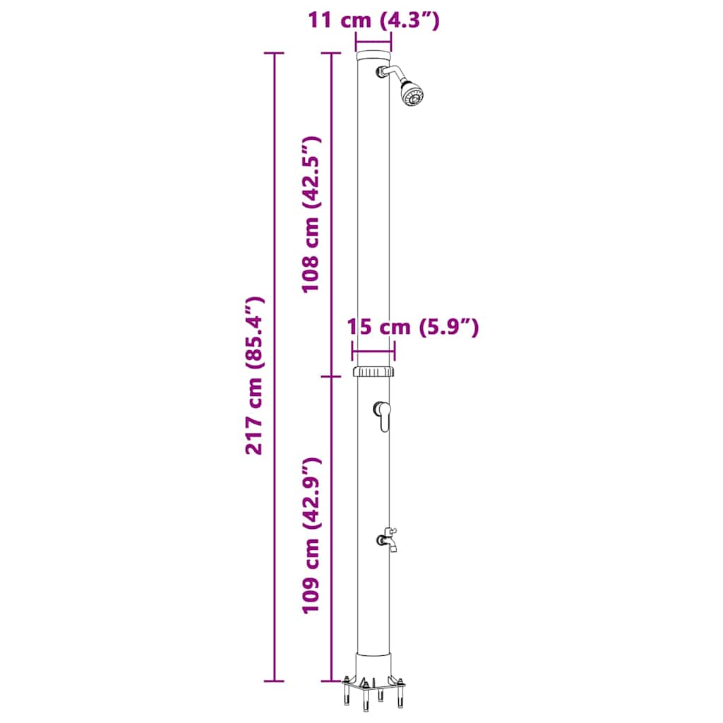 Chuveiro Solar para Exterior Preto 217 cm PVC, alumínio
