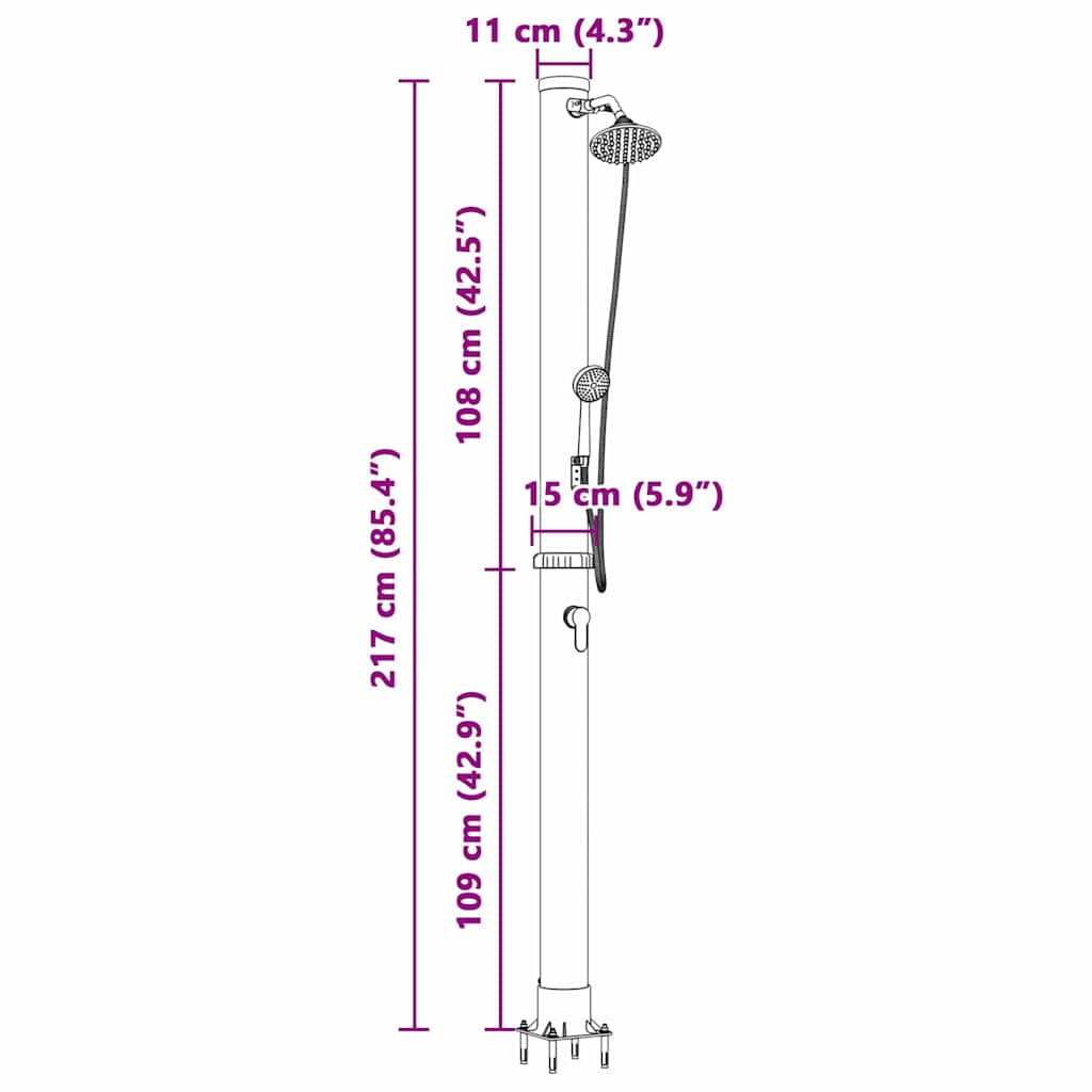 Chuveiro Solar para Exterior Preto 217 cm PVC, alumínio
