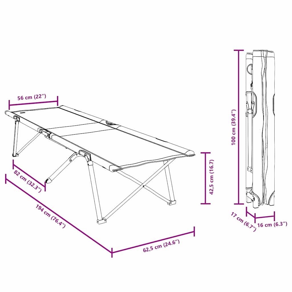 Cama de Camping Dobrável Manual 2 pcs Cinzeto 62 x 194 x 42 cm
