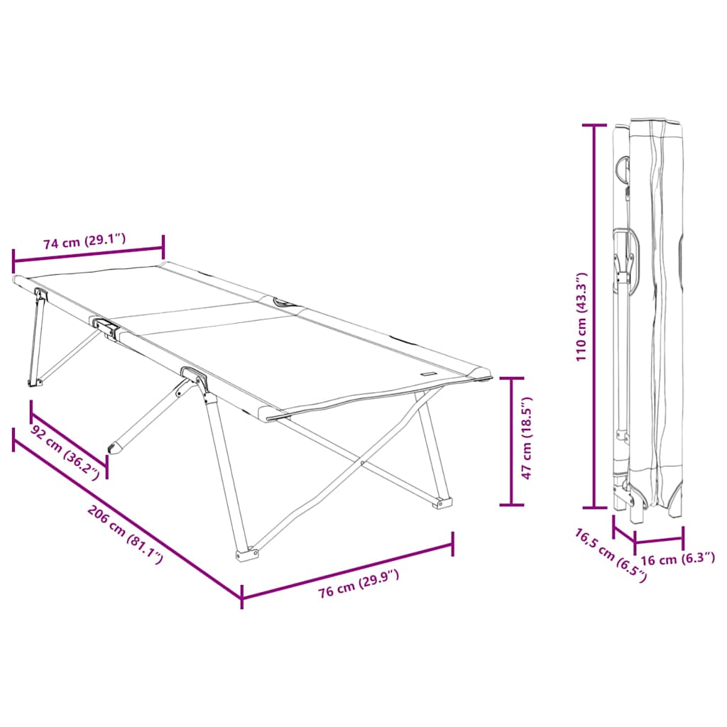 Cama de Camping Dobrável Dobrar 2 pcs Cinzeto 206 x 76 x 74 cm