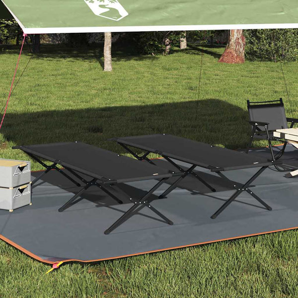 Cama de Camping Dobrável Manual 2 pcs Preto Tecido Oxford