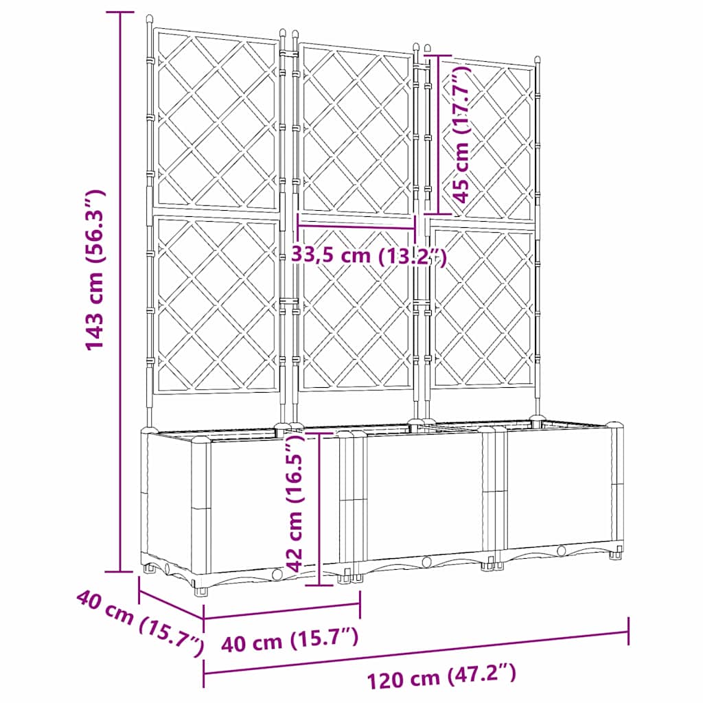 Jardineira com Treliça 3 pcs Branco 120 x 40 x 143 cm PP