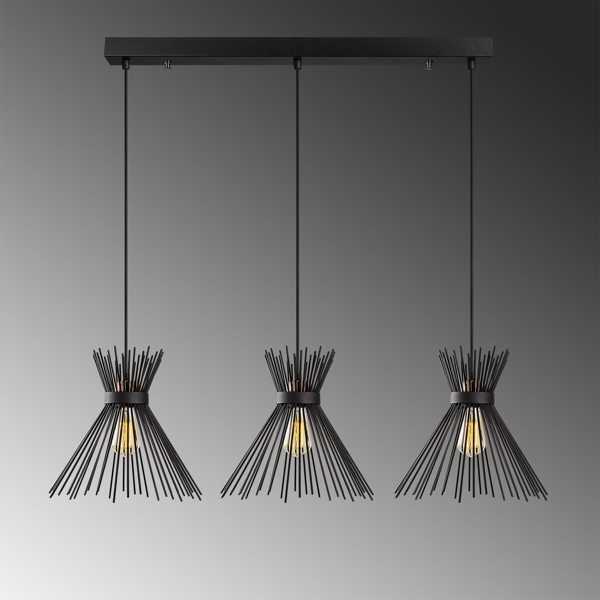 Candeeiro de Teto Kirpi 3088 — 104x30x130 cm — Design Moderno Industrial em Preto com Altura Ajustável e 3 Lâmpadas E27