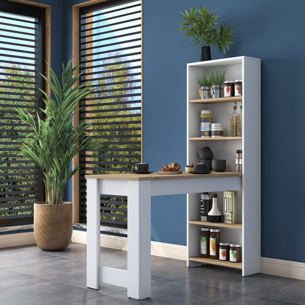 Mesa de Bar "Scandi" com Estante Incorporada – Nogueira e Branco, 120x53.8x153.6 cm – Design Escandinavo