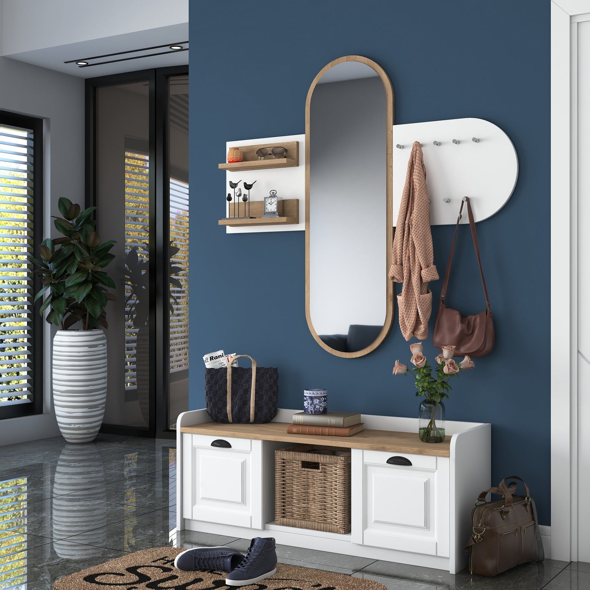Conjunto de Entrada Lovita com Espelho, Sapateira e Cabide — 125x122 cm — Design Moderno em Branco e Nogueira com Prateleiras e Armário