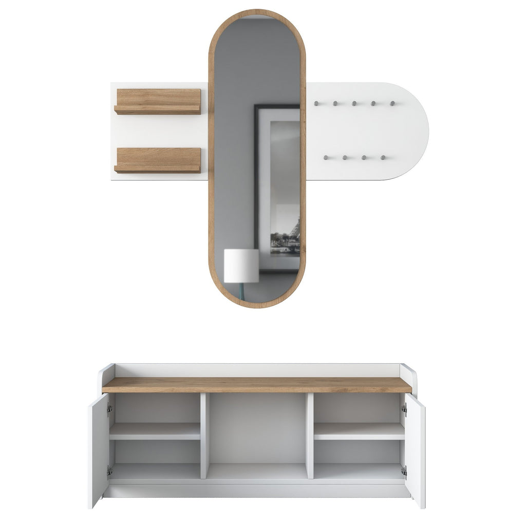 Conjunto de Entrada Lovita com Espelho, Sapateira e Cabide — 125x122 cm — Design Moderno em Branco e Nogueira com Prateleiras e Armário