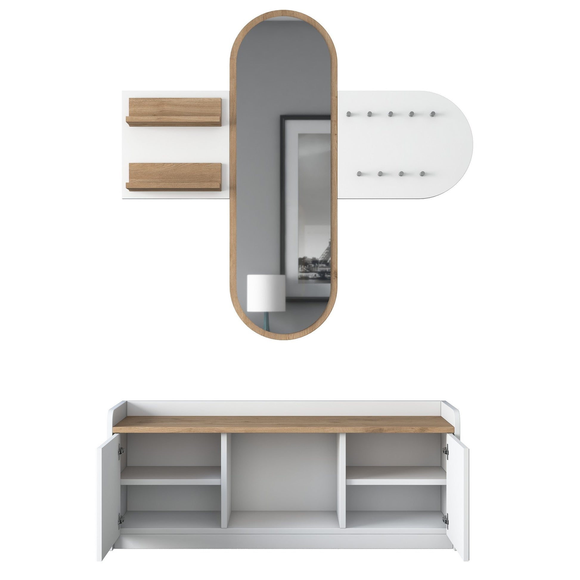 Conjunto de Entrada Lovita com Espelho, Sapateira e Cabide — 125x122 cm — Design Moderno em Branco e Nogueira com Prateleiras e Armário