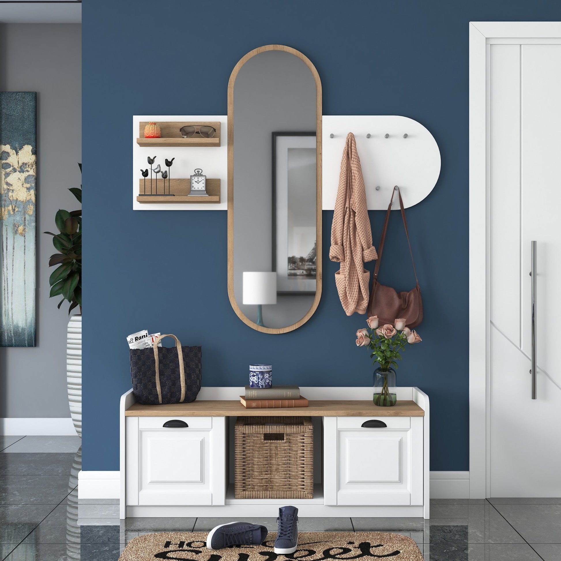 Conjunto de Entrada Lovita com Espelho, Sapateira e Cabide — 125x122 cm — Design Moderno em Branco e Nogueira com Prateleiras e Armário