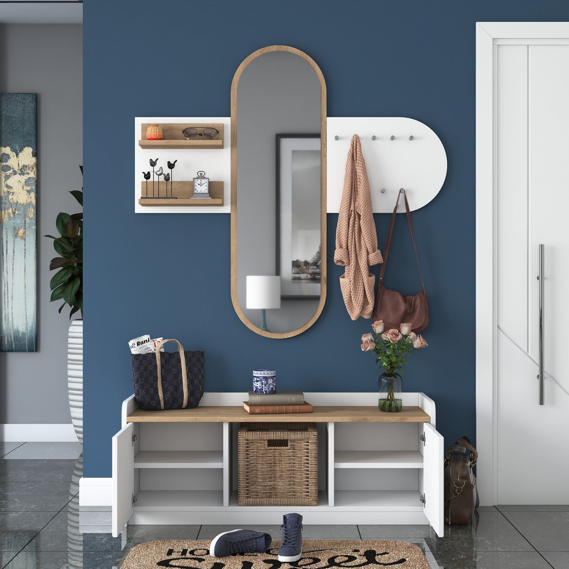 Conjunto de Entrada Lovita com Espelho, Sapateira e Cabide — 125x122 cm — Design Moderno em Branco e Nogueira com Prateleiras e Armário
