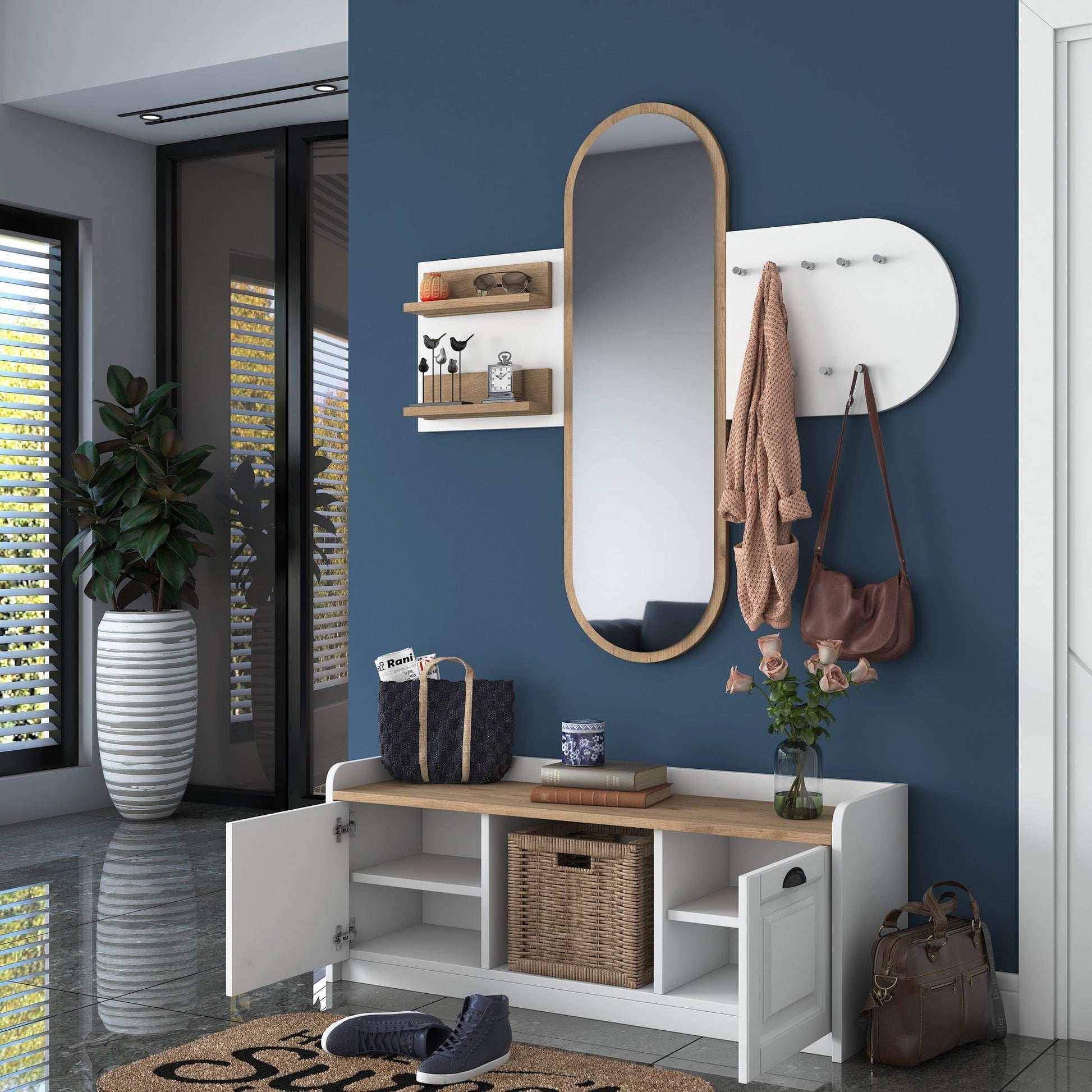 Conjunto de Entrada Lovita com Espelho, Sapateira e Cabide — 125x122 cm — Design Moderno em Branco e Nogueira com Prateleiras e Armário