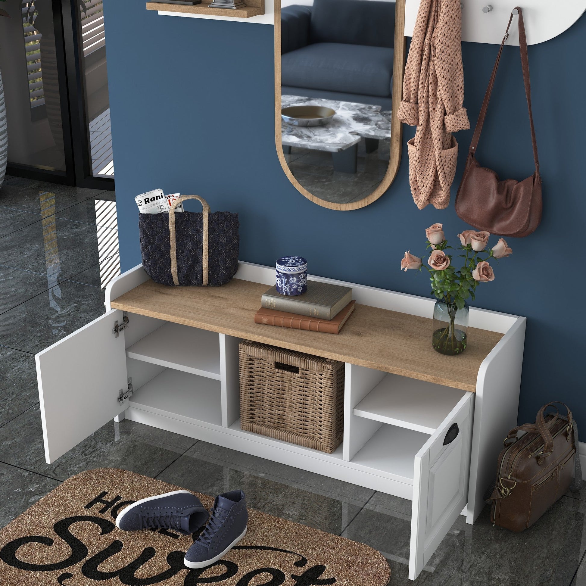 Conjunto de Entrada Lovita com Espelho, Sapateira e Cabide — 125x122 cm — Design Moderno em Branco e Nogueira com Prateleiras e Armário