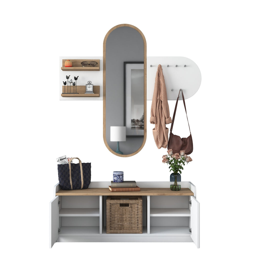 Conjunto de Entrada Lovita com Espelho, Sapateira e Cabide — 125x122 cm — Design Moderno em Branco e Nogueira com Prateleiras e Armário