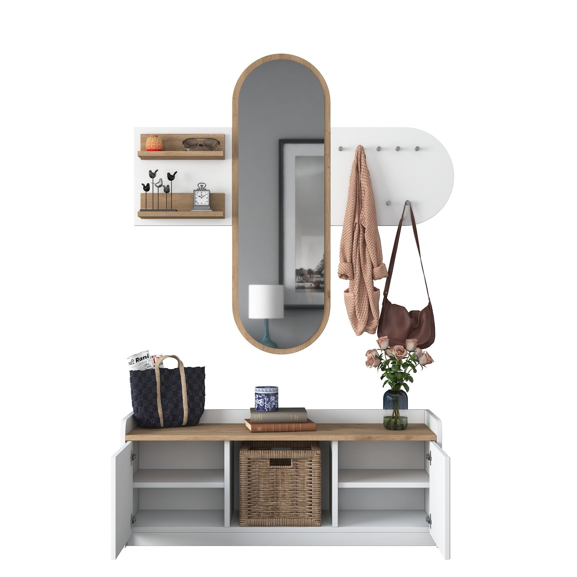 Conjunto de Entrada Lovita com Espelho, Sapateira e Cabide — 125x122 cm — Design Moderno em Branco e Nogueira com Prateleiras e Armário