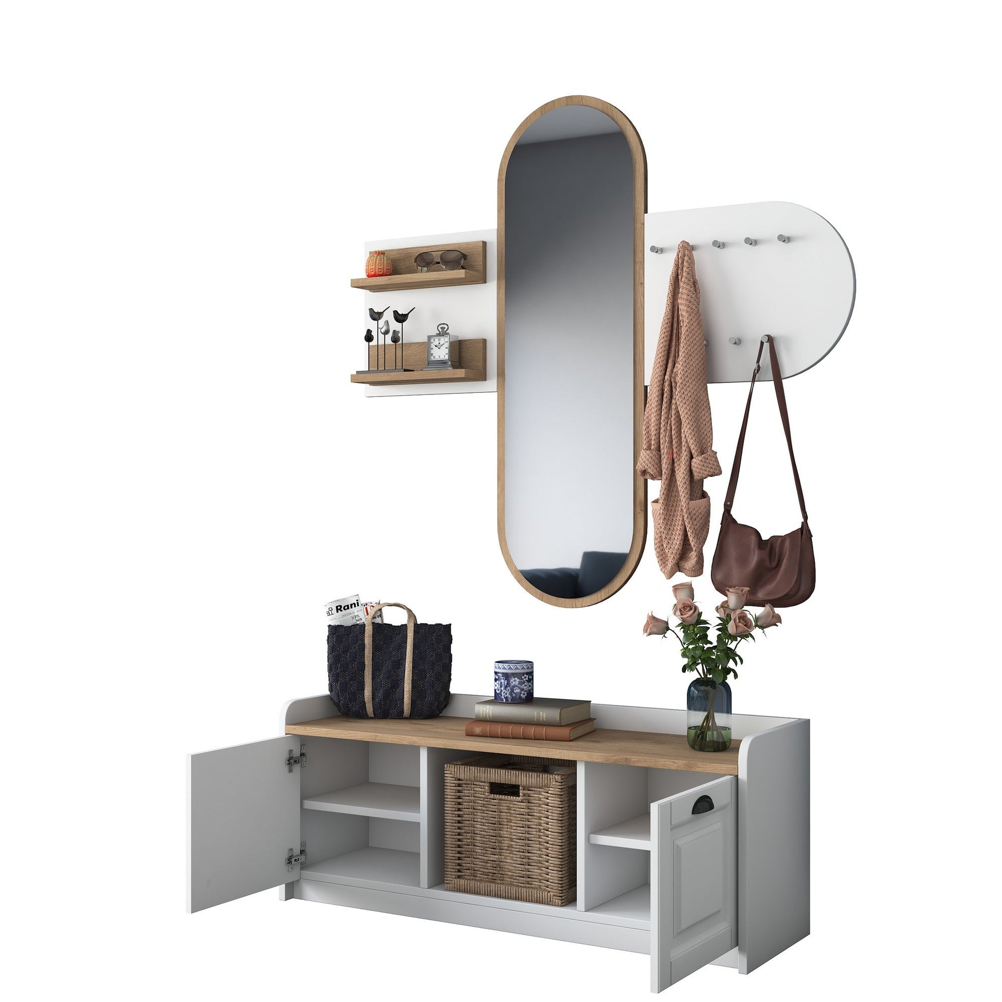 Conjunto de Entrada Lovita com Espelho, Sapateira e Cabide — 125x122 cm — Design Moderno em Branco e Nogueira com Prateleiras e Armário