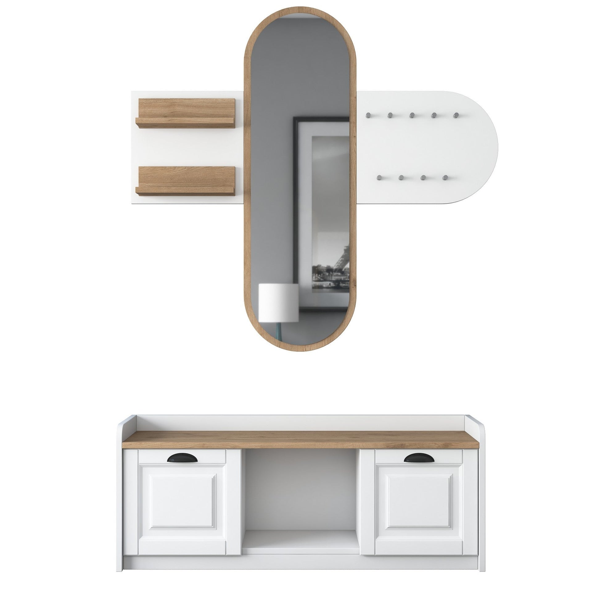 Conjunto de Entrada Lovita com Espelho, Sapateira e Cabide — 125x122 cm — Design Moderno em Branco e Nogueira com Prateleiras e Armário