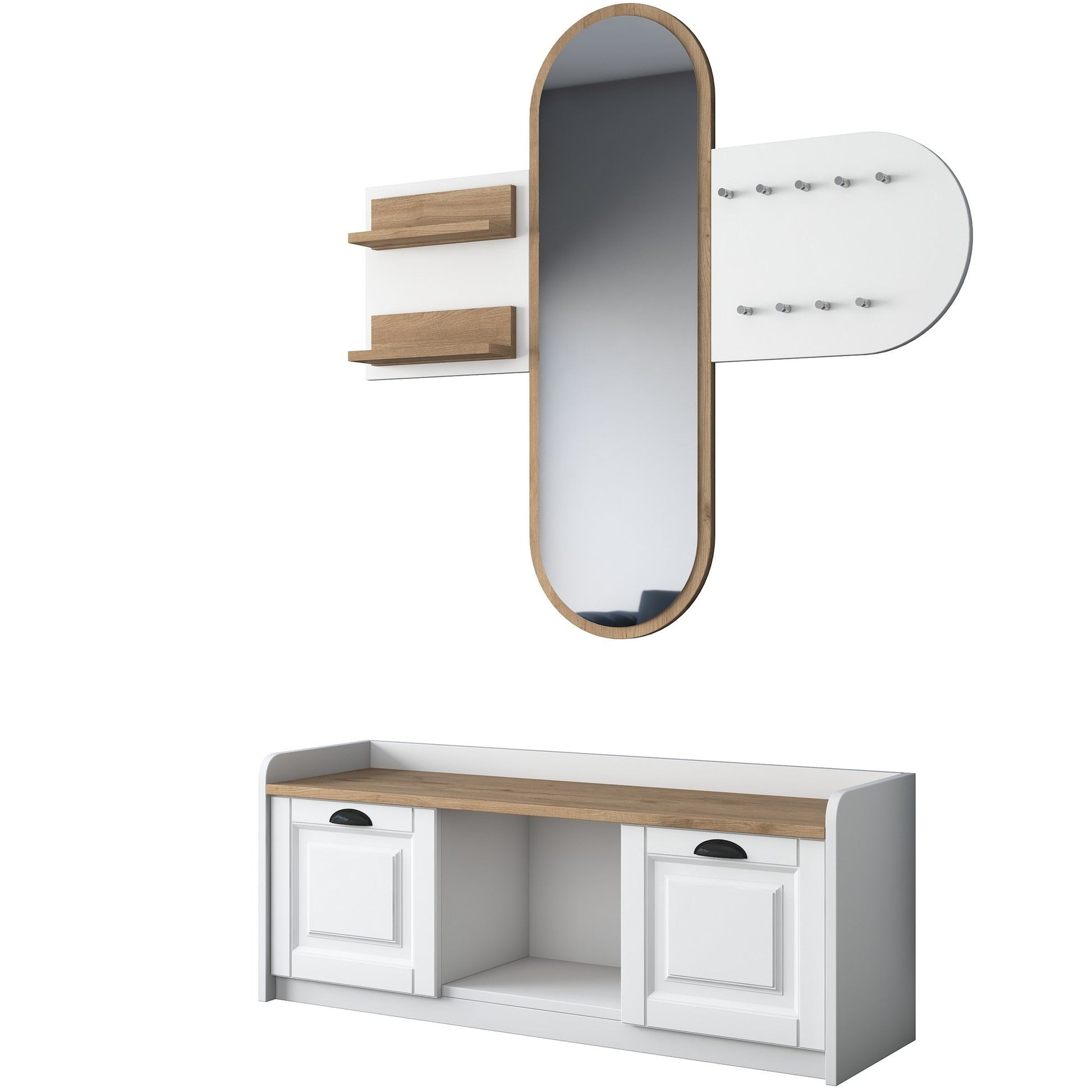 Conjunto de Entrada Lovita com Espelho, Sapateira e Cabide — 125x122 cm — Design Moderno em Branco e Nogueira com Prateleiras e Armário