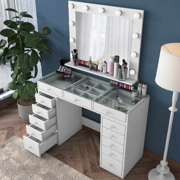 Toucador "Brillante" com Espelho e Luzes - 120 x 79,8 x 44,5 cm - Branco - Design Moderno