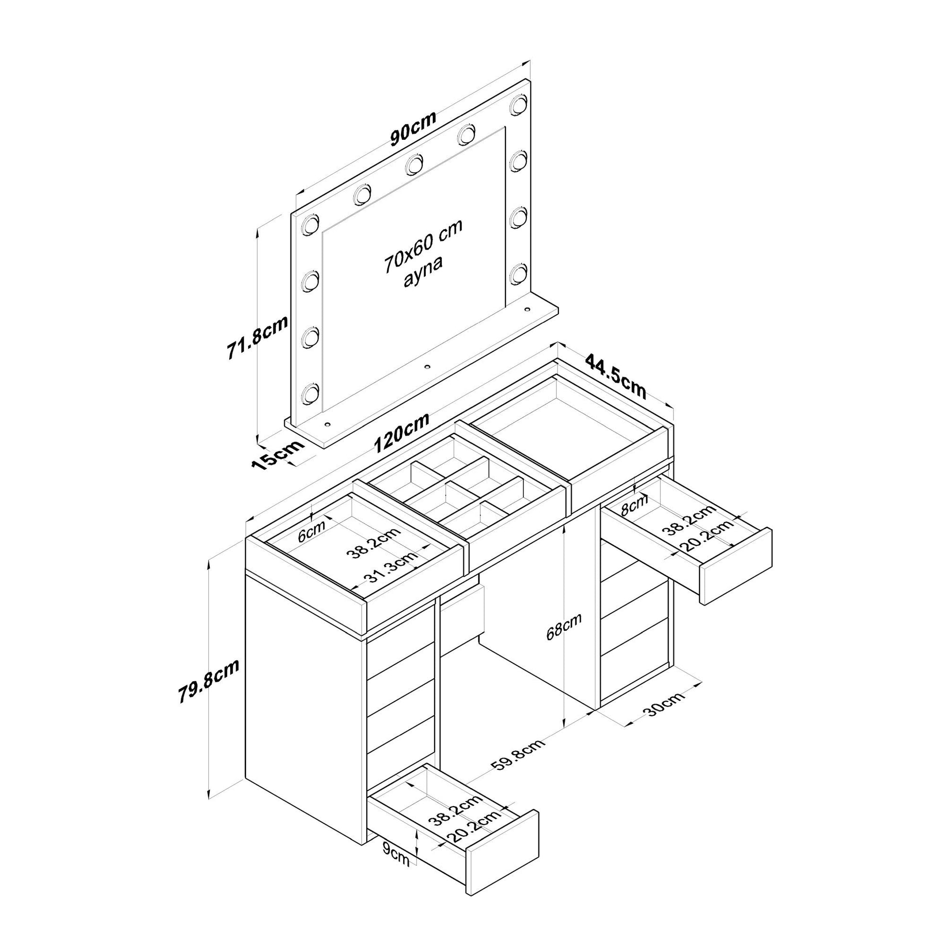 Toucador "Brillante" com Espelho e Luzes - 120 x 79,8 x 44,5 cm - Branco - Design Moderno