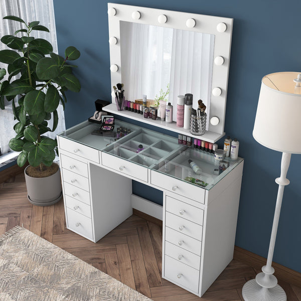 Toucador "Brillante" com Espelho e Luzes - 120 x 79,8 x 44,5 cm - Branco - Design Moderno