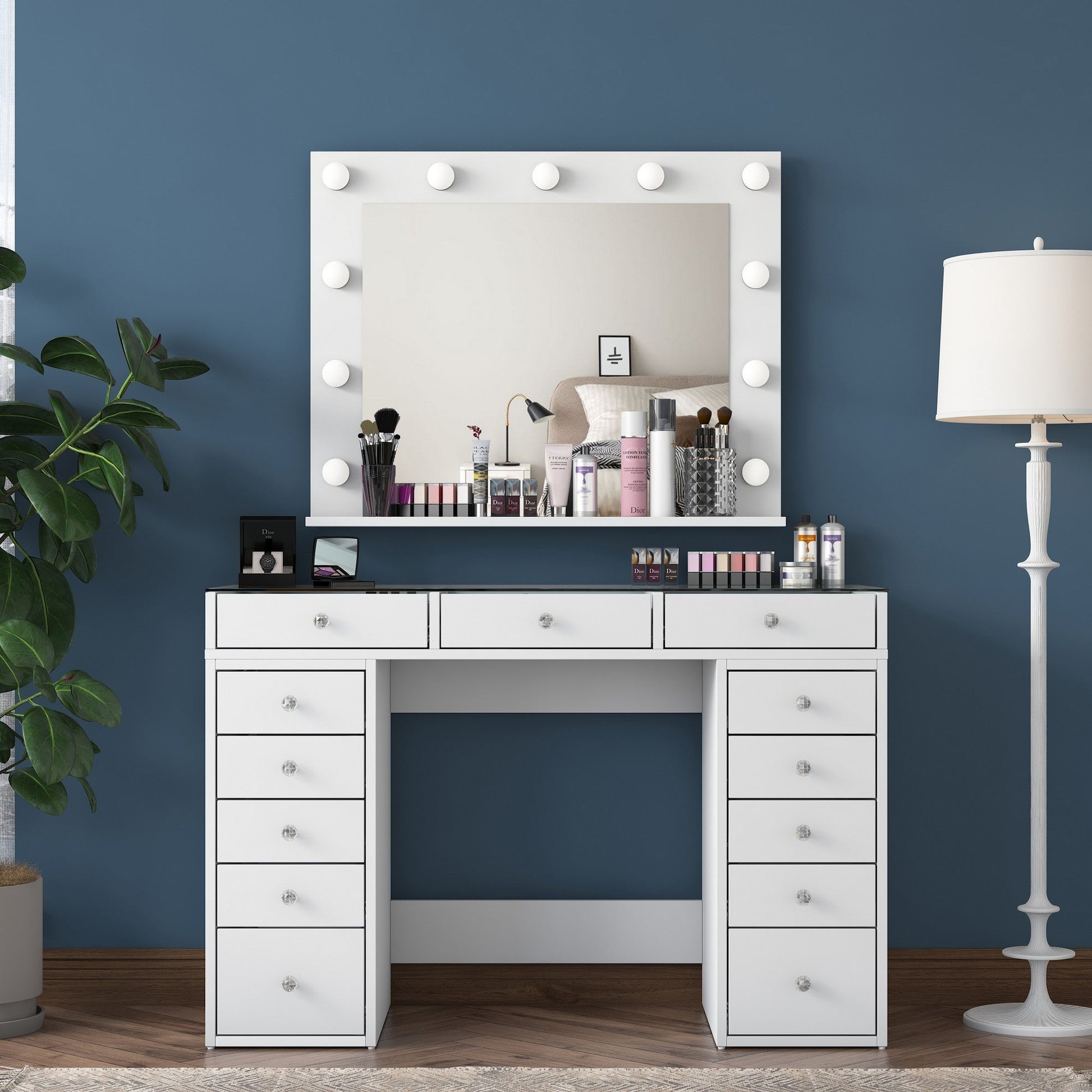 Toucador "Brillante" com Espelho e Luzes - 120 x 79,8 x 44,5 cm - Branco - Design Moderno