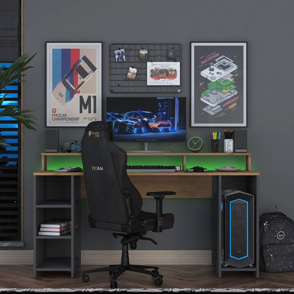 Secretária Gamer "Inspira" com LEDs e Comando - 160 x 89.5 x 55 cm - Nogueira e Antracite - Design Moderno