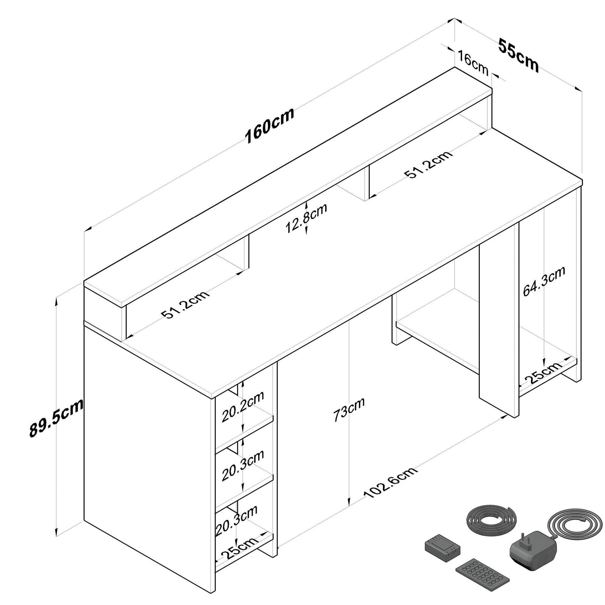 Secretária Gamer "Inspira" com LEDs e Comando - 160 x 89.5 x 55 cm - Nogueira e Antracite - Design Moderno