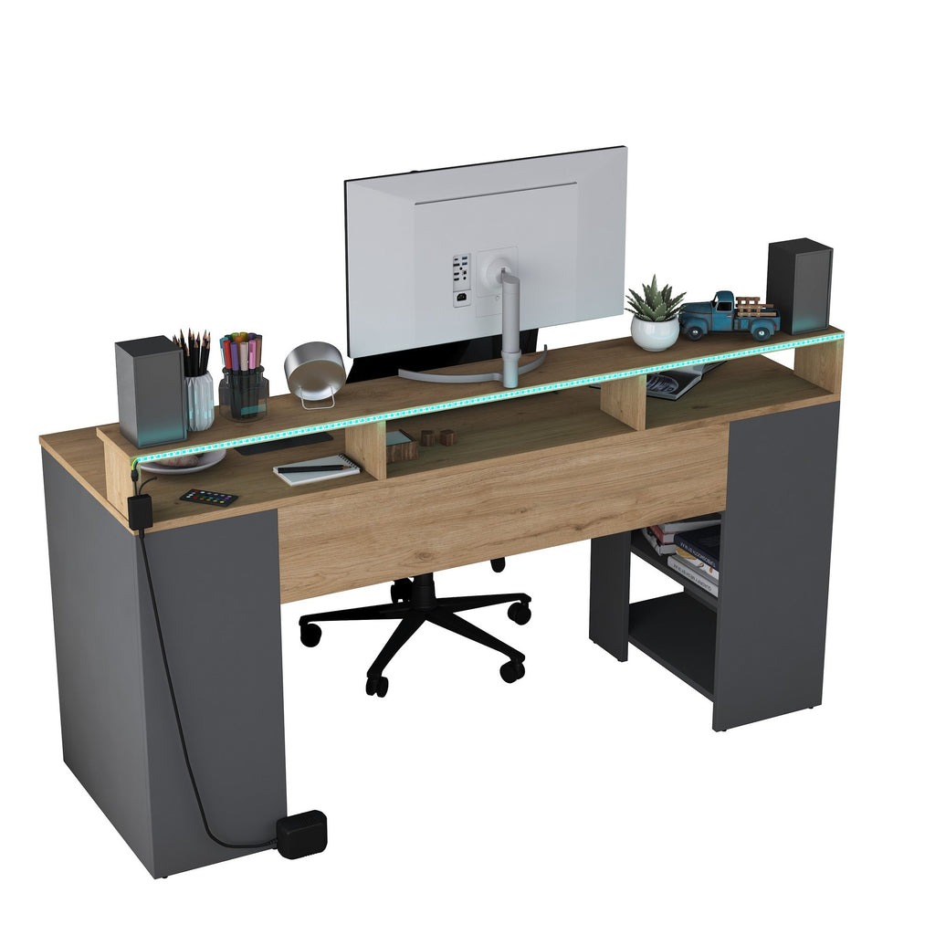 Secretária Gamer "Inspira" com LEDs e Comando - 160 x 89.5 x 55 cm - Nogueira e Antracite - Design Moderno