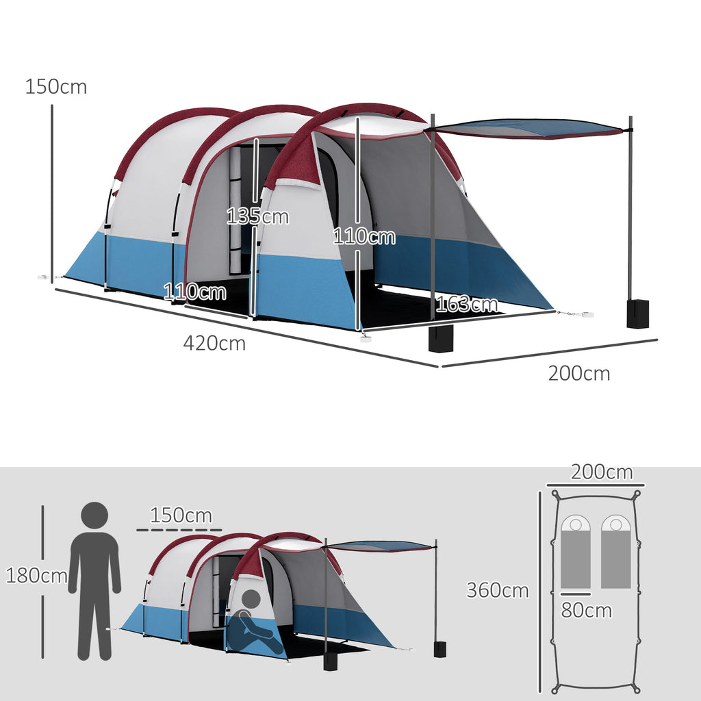 Tenda de Campismo Familiar para 2-3 Pessoas Tenda de Campismo Dobrável com 2 Áreas e Bolsa de Transporte Impermeável para Trekking 420x200x150 cm Multicolor
