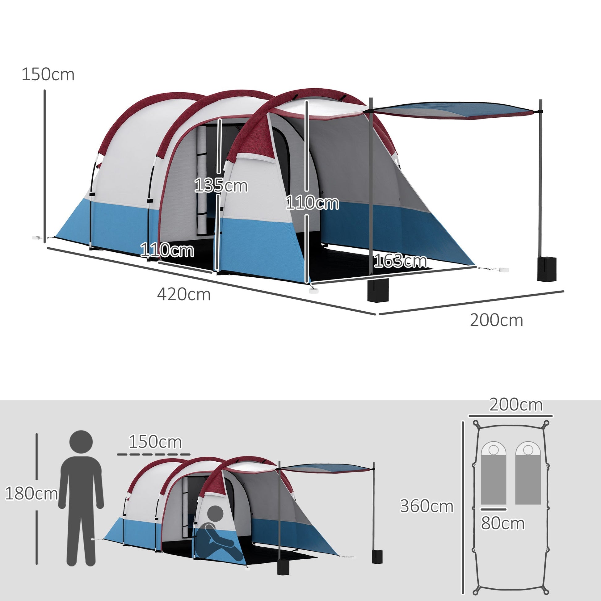 Tenda de Campismo Familiar para 2-3 Pessoas Tenda de Campismo Dobrável com 2 Áreas e Bolsa de Transporte Impermeável para Trekking 420x200x150 cm Multicolor