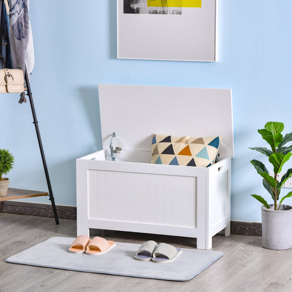 Baú de Armazenamento de Madeira Baú de Arrumação com Dobradiça de Segurança para Dormitório Sala de Estar Carga Máxima 20 kg 81x40x46 cm Branco