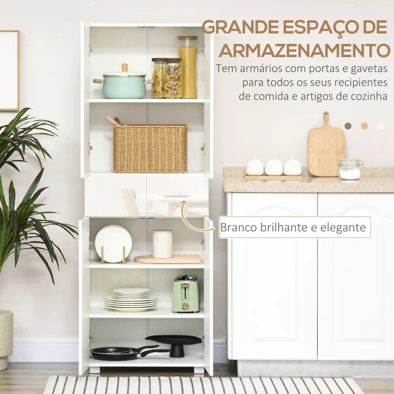 Armário de Cozinha Móvel Auxiliar de Cozinha com 4 Portas 2 Gavetas e Prateleiras Ajustáveis para Sala de Jantar Sala de Estar Estilo Moderno Anti-Tombo 60x35x170cm Branco