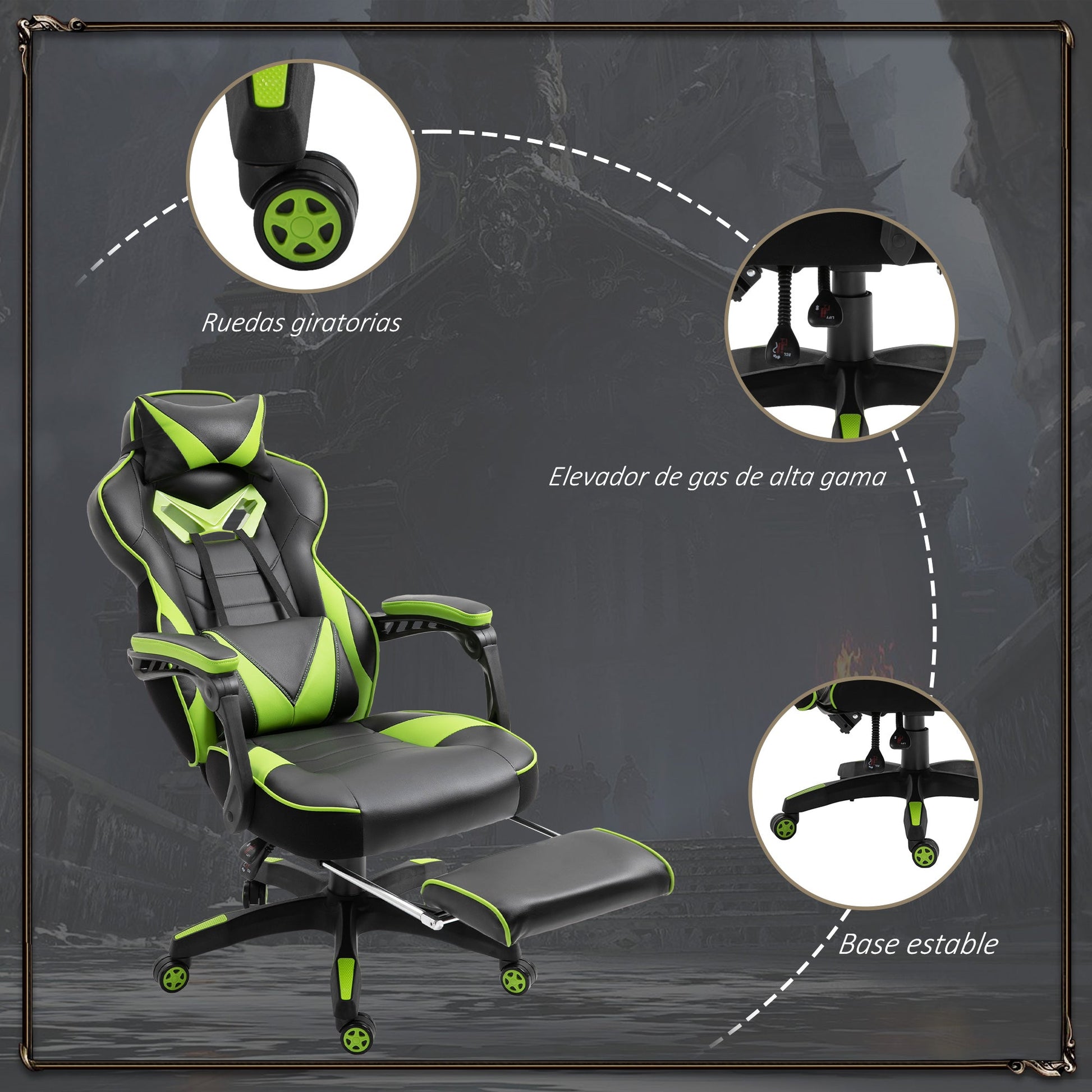 Cadeira de escritorio gaming ergonômica Altura ajustável Reclinável Encosto com apoio para pés Encosto de cabeça Almofada lombar Rodas 65x70x118,5-126,5 cm Verde e Preto