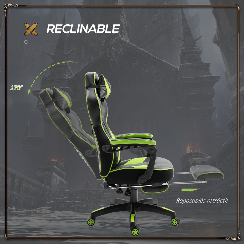Cadeira de escritorio gaming ergonômica Altura ajustável Reclinável Encosto com apoio para pés Encosto de cabeça Almofada lombar Rodas 65x70x118,5-126,5 cm Verde e Preto