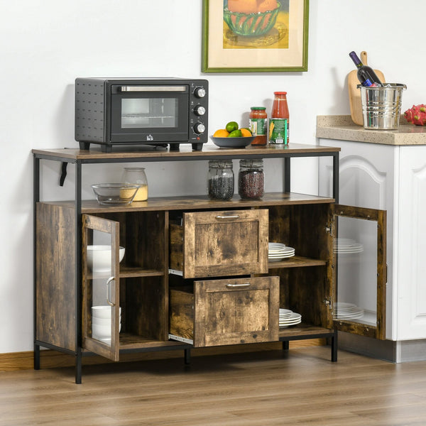 Aparador de Cozinha com 2 Portas de Cristal 2 Gavetas e Prateleiras Ajustáveis em Altura Armário Auxiliar de Estilo Industrial para Sala de Estar Sala de Jantar 120x40x88,5 cm Marrom Rústico