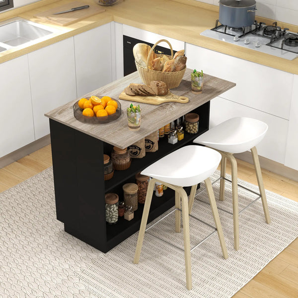 Ilha de Cozinha Móvel Auxiliar de Cozinha com 2 Prateleiras Abertas 2 Portas e Prateleiras Ajustáveis Estilo Moderno Capacidade 100 kg 105x60x82 cm Preto e Carvalho