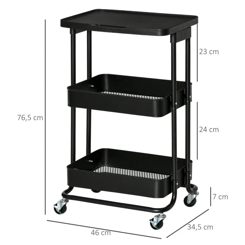 Carrinho de Cozinha com Rodas Carrinho de Armazenamento de 3 Níveis e Rodas com Freio para Sala de Estar Dormitório Escritório 46x34,5x76,5cm Preto