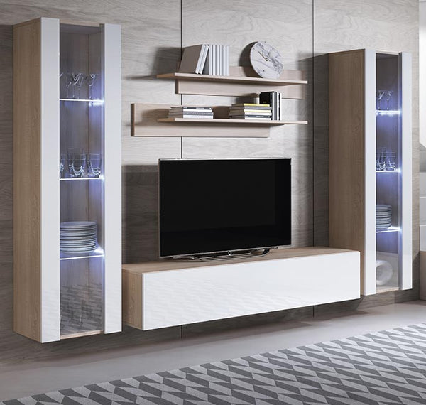 Conjunto de Móveis de Sala Melres – 2,6 m – Modular em Sonoma e Branco com Móvel TV, Vitrines e Estantes – Design Moderno
