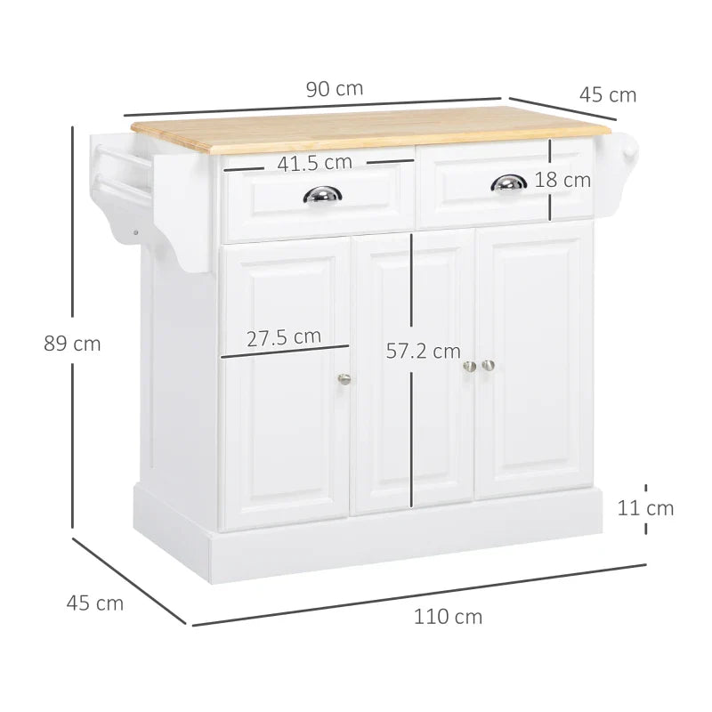 Carrinho de Cozinha Ilha de Cozinha com Rodas Móvel Multifuncional com 2 Gavetas 3 Armários Suporte para Panos e para Temperos para Sala de Jantar 110x45x89cm Branco